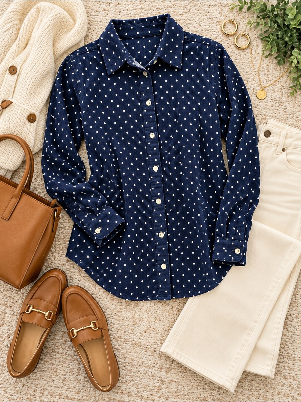 LOFT Navy & White Polka-Dot Button-Down